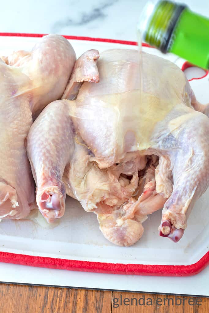 Oiling the outside of Cornish Hens