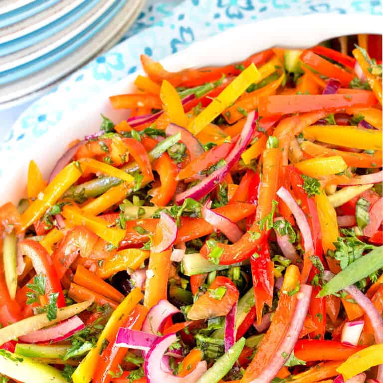Bell Pepper Salad served in a white ceramic bowl