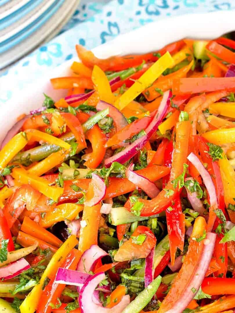Bell Pepper Salad served in a white ceramic bowl