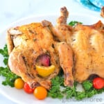 2 Air Fryer Cornish Hen on a white platter garnished with parsley and grape tomatoes