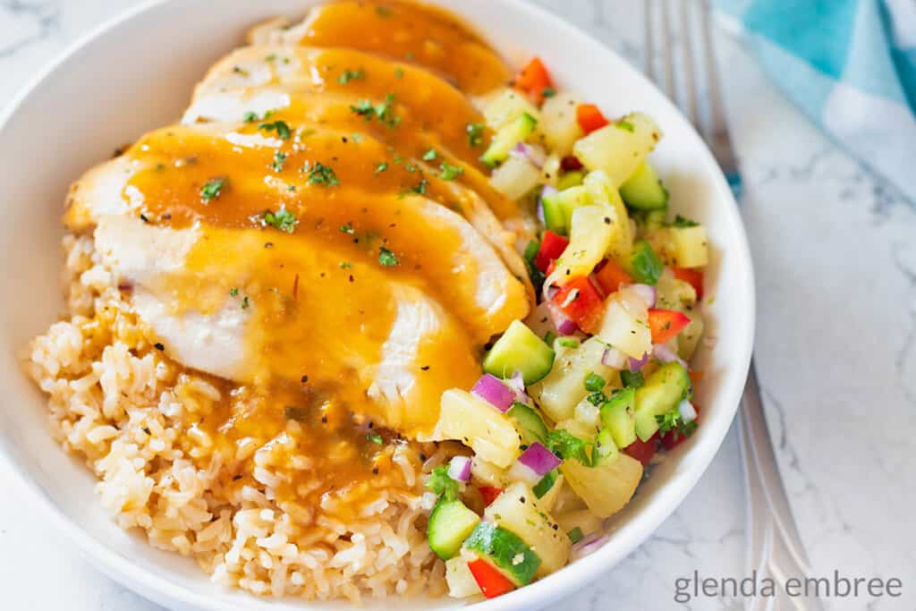 Pineapple Salsa in a Pineapple Chicken Rice Bowl
