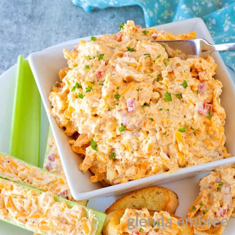 Old Fashioned Pimento Cheese Recipe in a square white bowl.