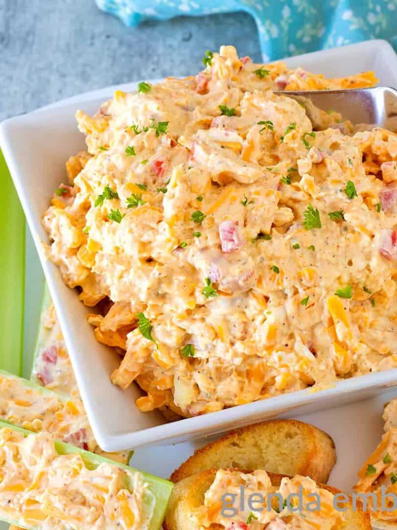 Old Fashioned Pimento Cheese Recipe in a square white bowl.