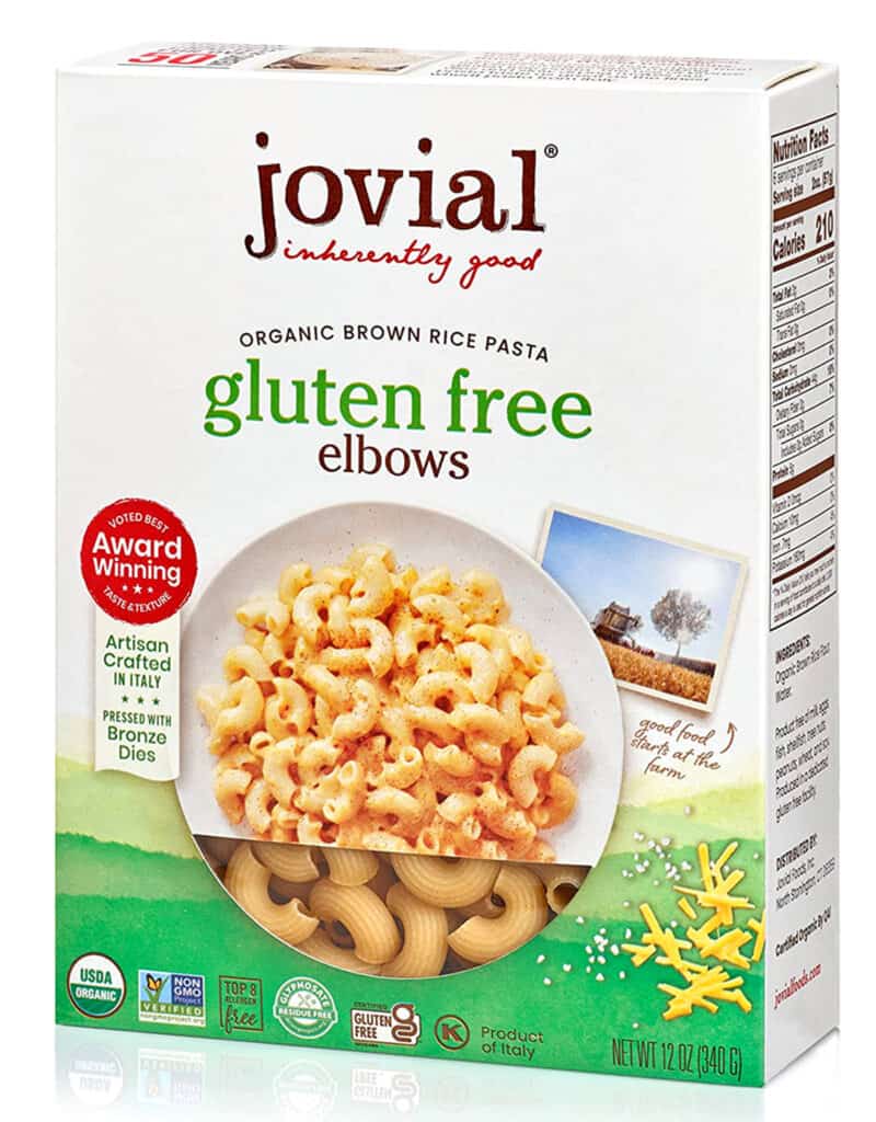 Box of Jovial Brand gluten-free brown rice elbows.
