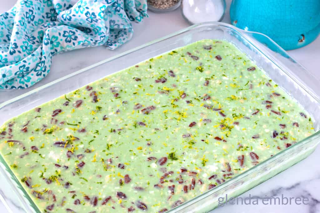 Lime Jello Salad in a baking dish.