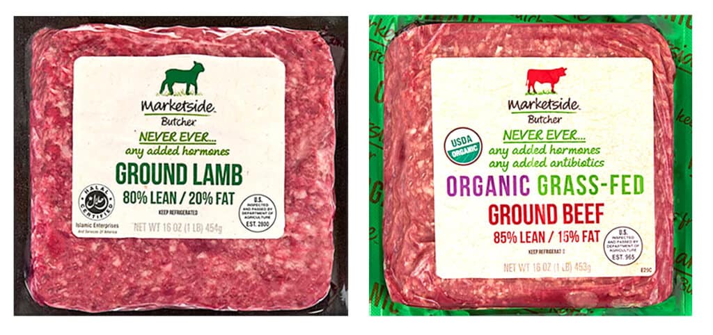 Walmart's Marketside brand 1 pound packages of ground lamb and ground beef.