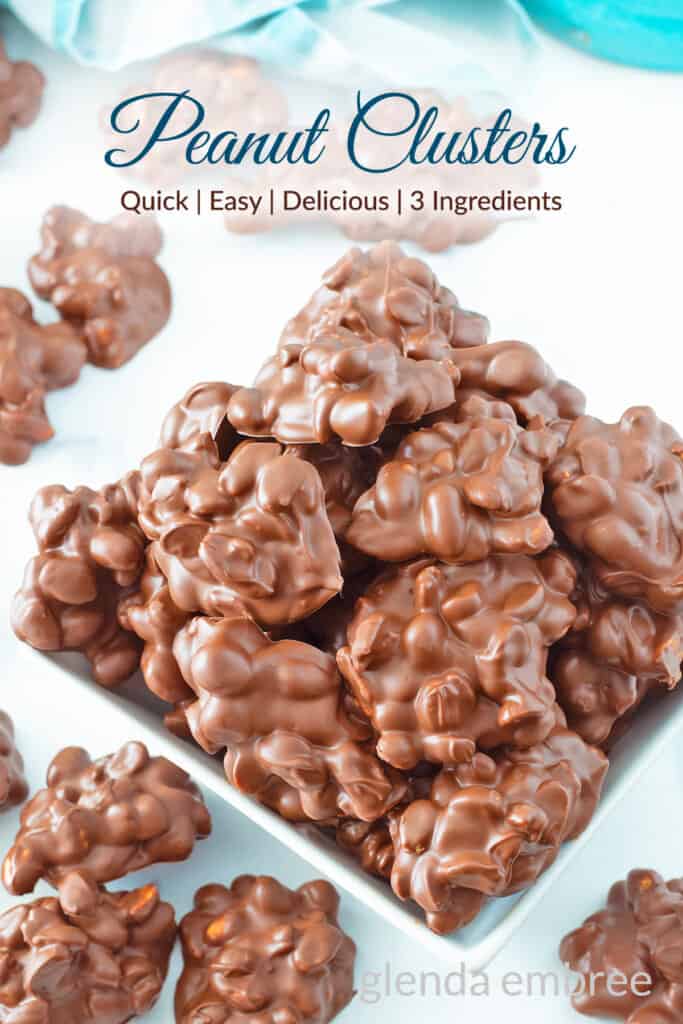 Chocolate Peanut Clusters in a square ceramic bowl.