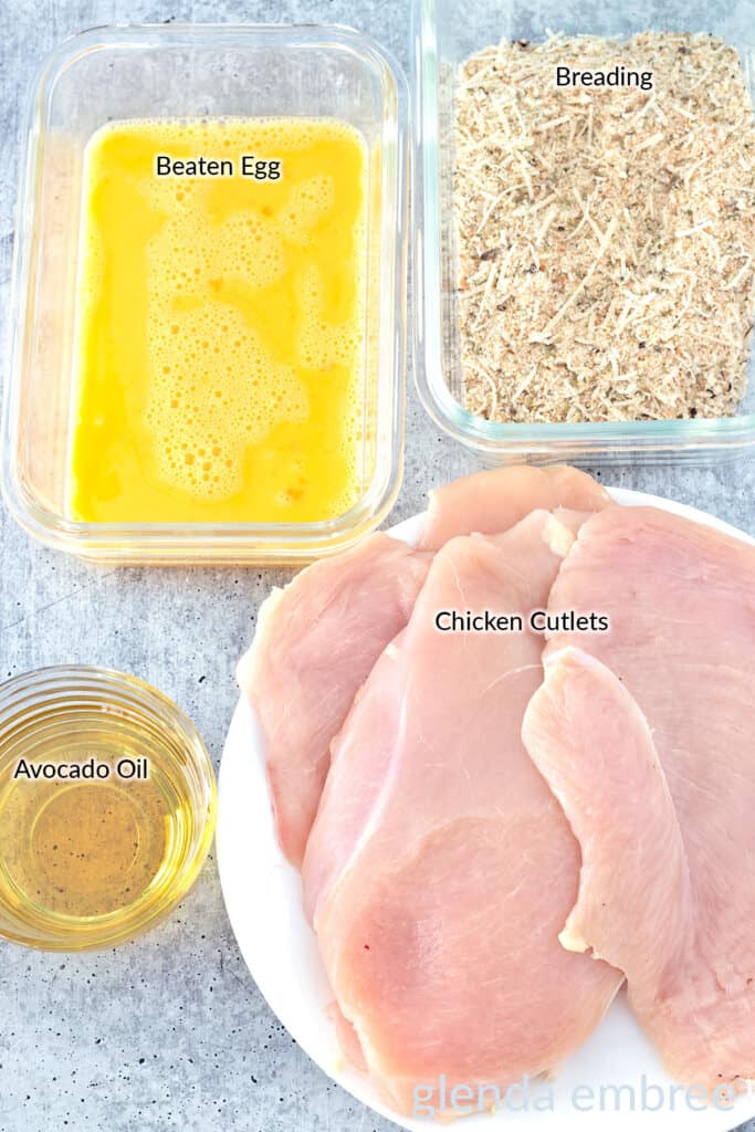 Ingredients for Italian Chicken Cutlets. Thinly sliced chicken breast, Bread Crumb Dredge, beaten Egg and avocado oil.