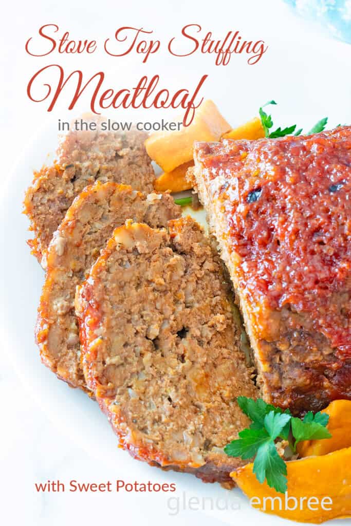 Stove Top Stuffing Meatloaf (Slow Cooker Meatloaf) served on a white platter with sweet potato chunks.