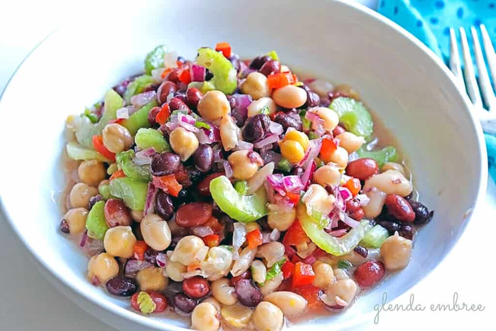 Bean Salad in a white ceramic bowl.