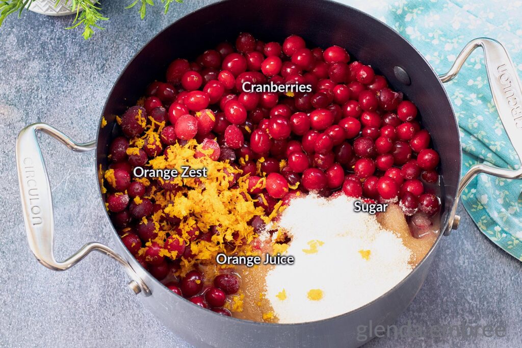 Whole Berry Cranberry Sauce Ingredients in a pot ready to be cooked down: fresh cranberries, sugar, orange juice, orange zest and water.