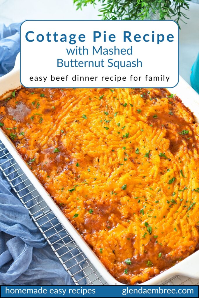 Baked Shepherd's Pie (Cottage Pie) with Mashed Butternut Squash in a white 9x13 baking dish.