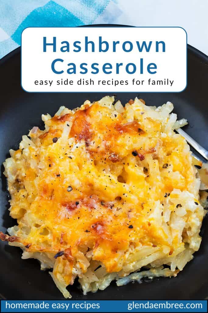 Hashbrown Casserole in a black ceramic bowl.