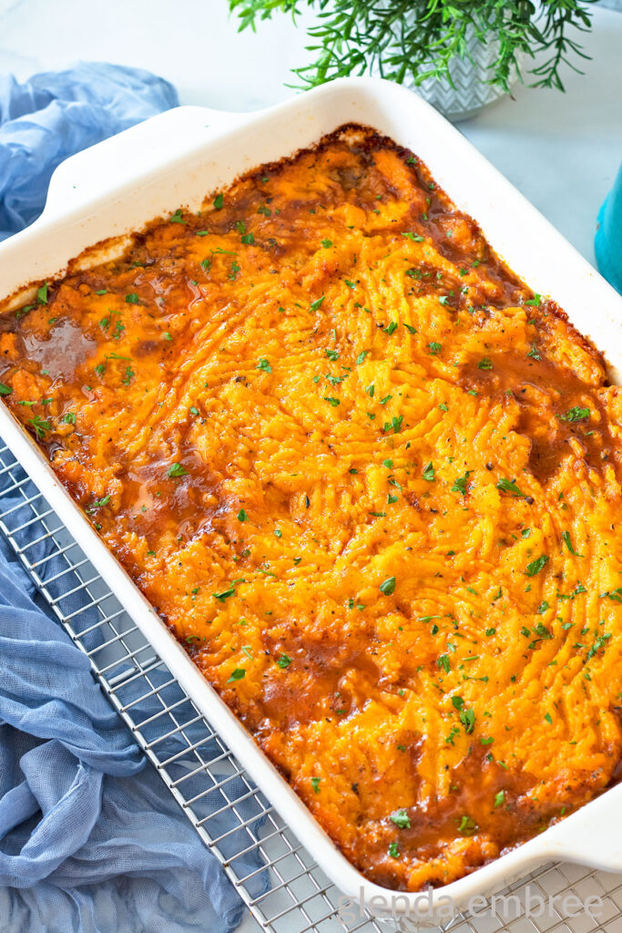 Baked Shepherd's Pie (Cottage Pie) with Mashed Butternut Squash in a white 9x13 baking dish.