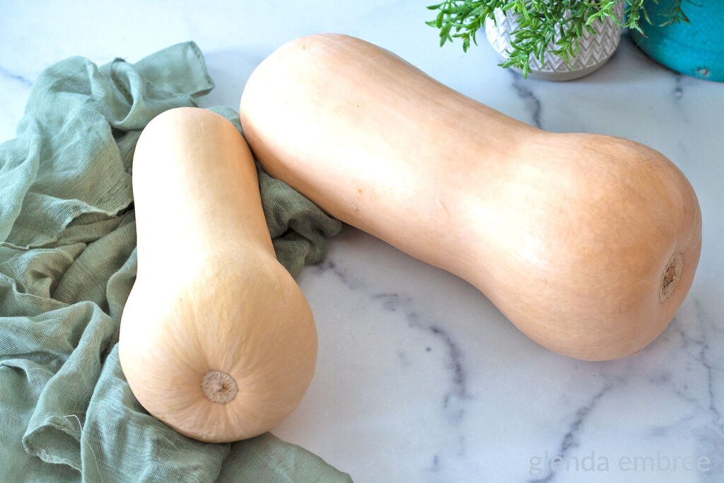 Two butternut squashes on a marble countertop.