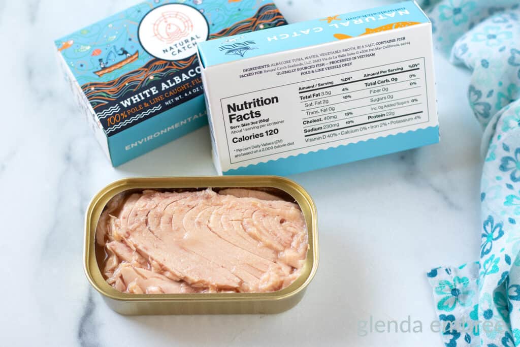 Natural Catch white albacore tuna in the can and boxed.