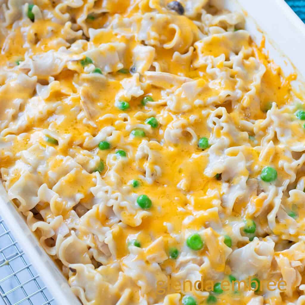 Tuna Casserole with Cream of Mushroom Soup (Tuna and Noodles) in a white ceramic baking dish.