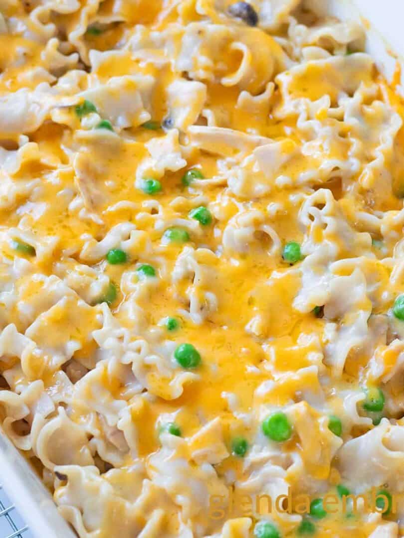 Tuna Casserole with Cream of Mushroom Soup (Tuna and Noodles) in a white ceramic baking dish.