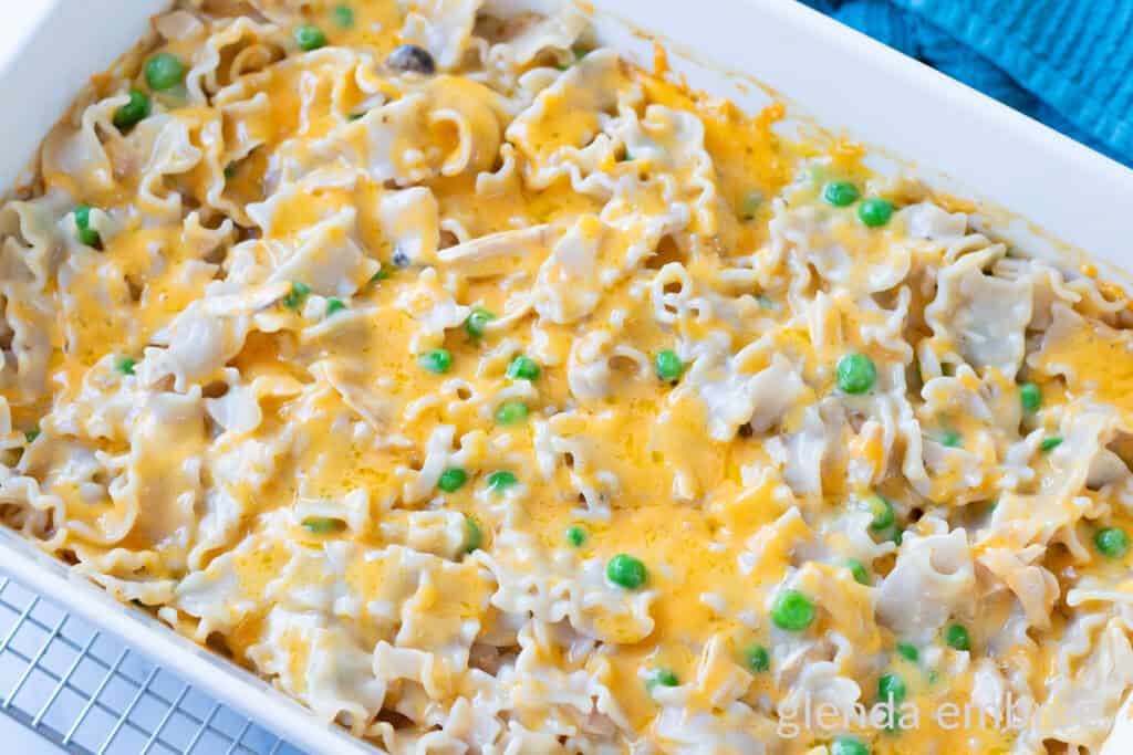 Tuna Casserole with Cream of Mushroom Soup (Tuna and Noodles) in a white ceramic baking dish.