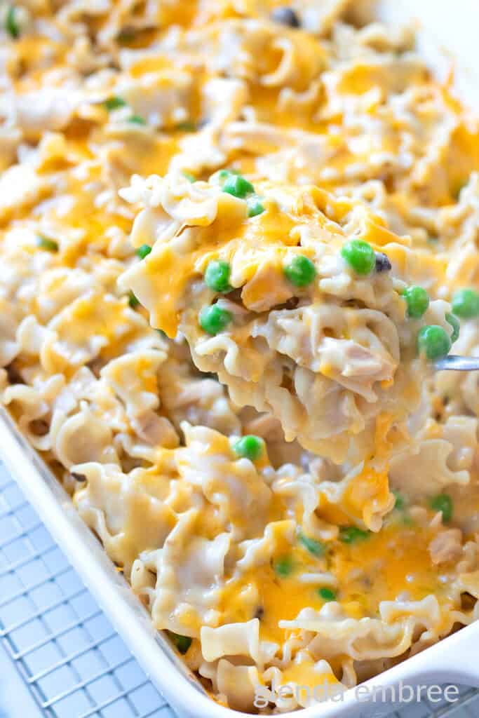 Tuna Casserole with Cream of Mushroom Soup (Tuna and Noodles) in a white ceramic baking dish.  A spoonful of casserole is being lifted out of the dish.