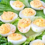 Deviled Eggs on a bed of lettuce.