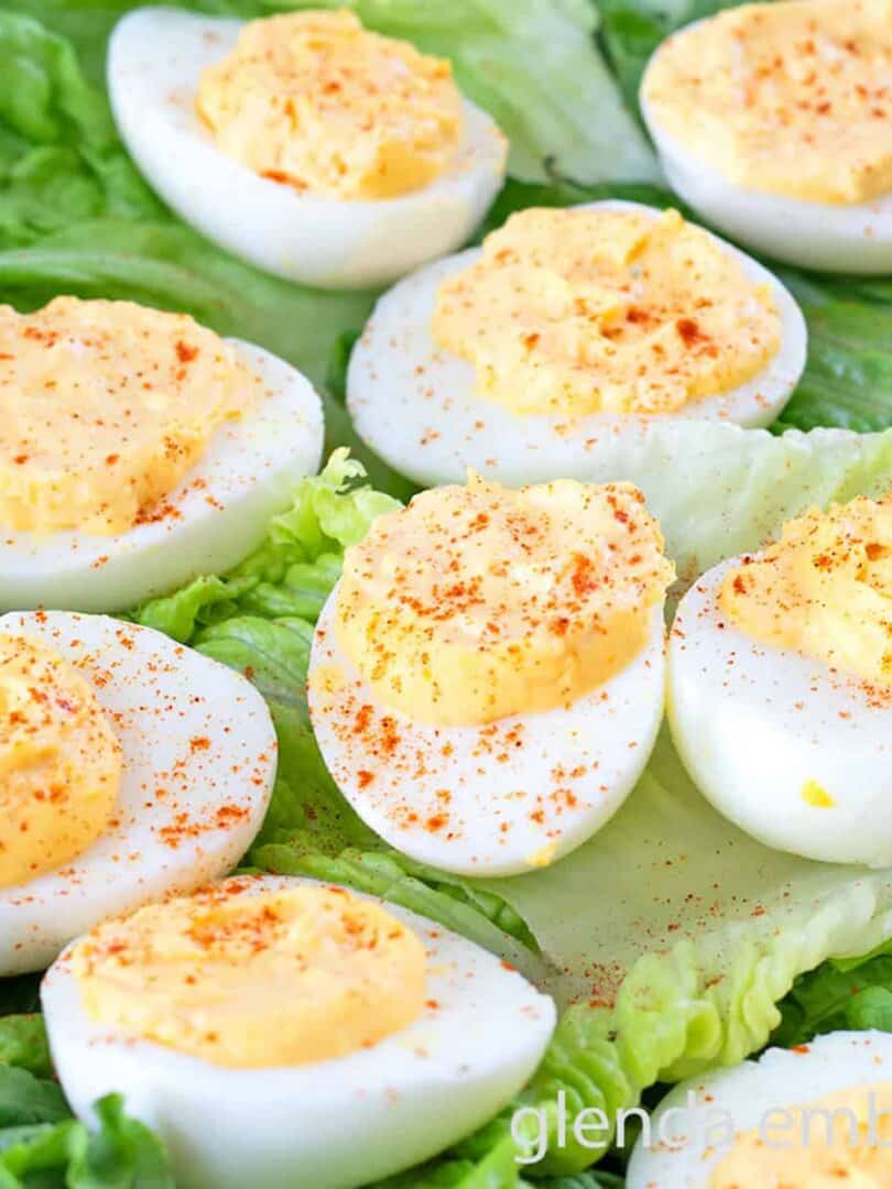 Deviled Eggs on a bed of lettuce.