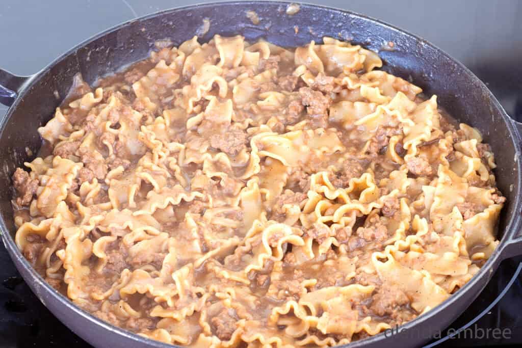 Fully cooked French Onion Beef and Noodle Casserole on the stovetop.