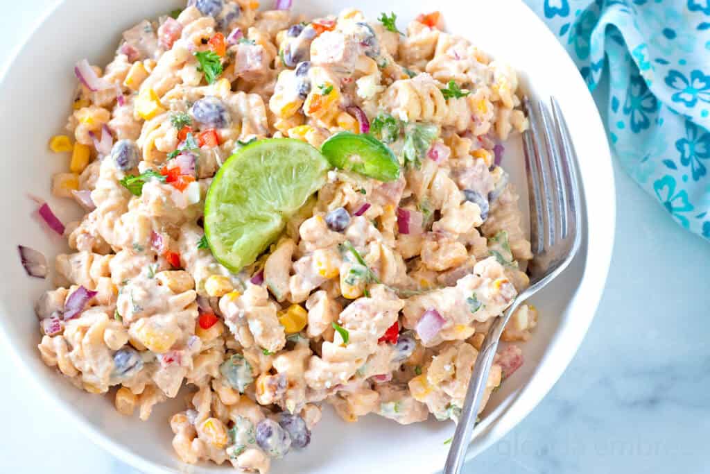 Street Corn Pasta Salad in a white ceramic bowl.