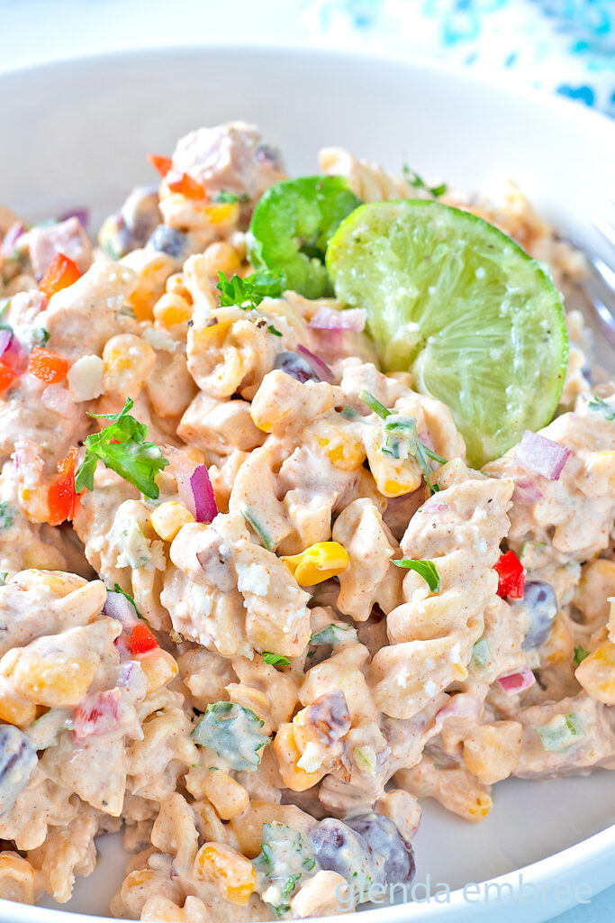 Street Corn Pasta Salad in a white ceramic bowl.