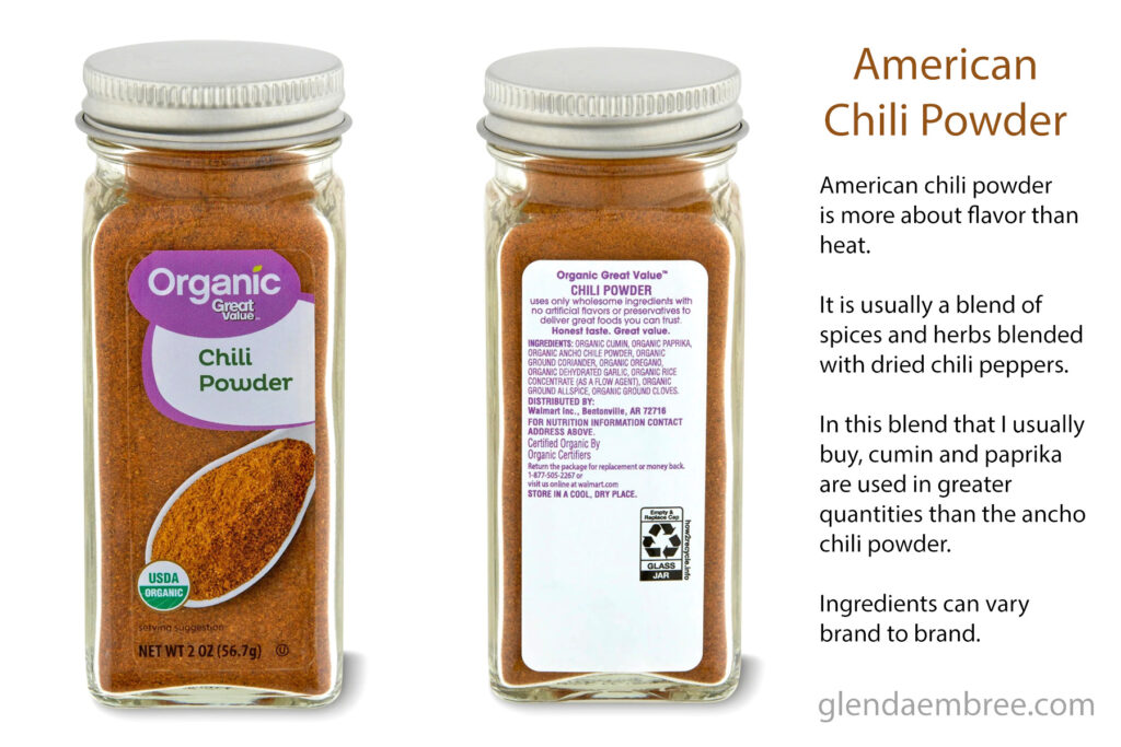 Infographic describing American Chili Powder showing one brand of chili powder and its ingredient label.