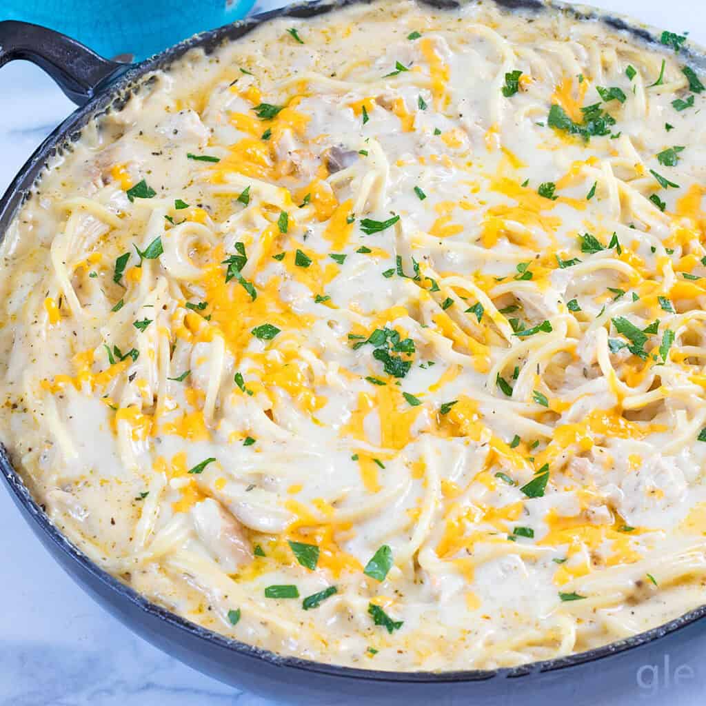 Baked Chicken Tetrazzini in an enameled cast iron skillet.