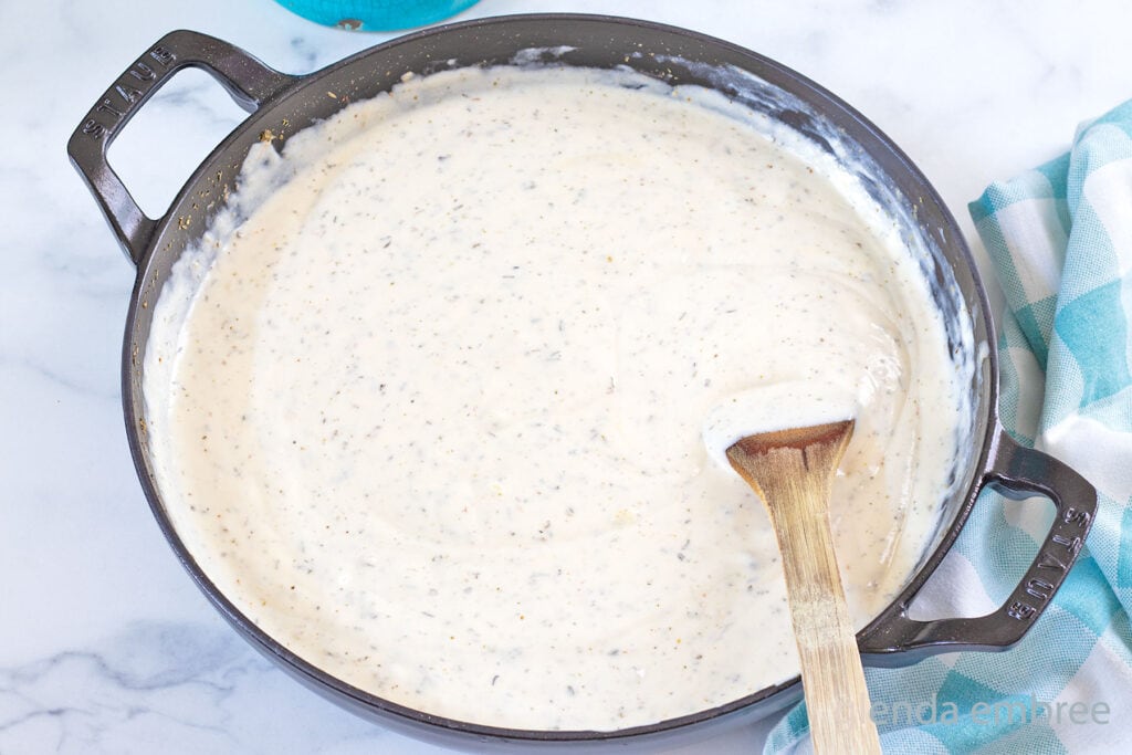 Chicken Tetrazzini sauce ingredients whisked into a smooth sauce.