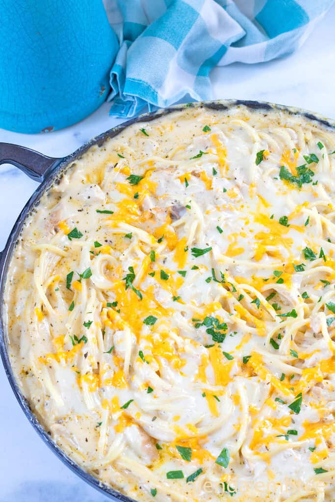 Baked Chicken Tetrazzini in an enameled cast iron skillet.