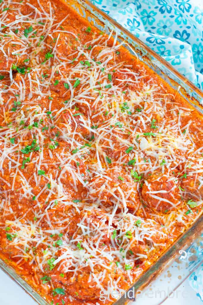 Baked Porcupine Meatballs in a clear glass baking dish.