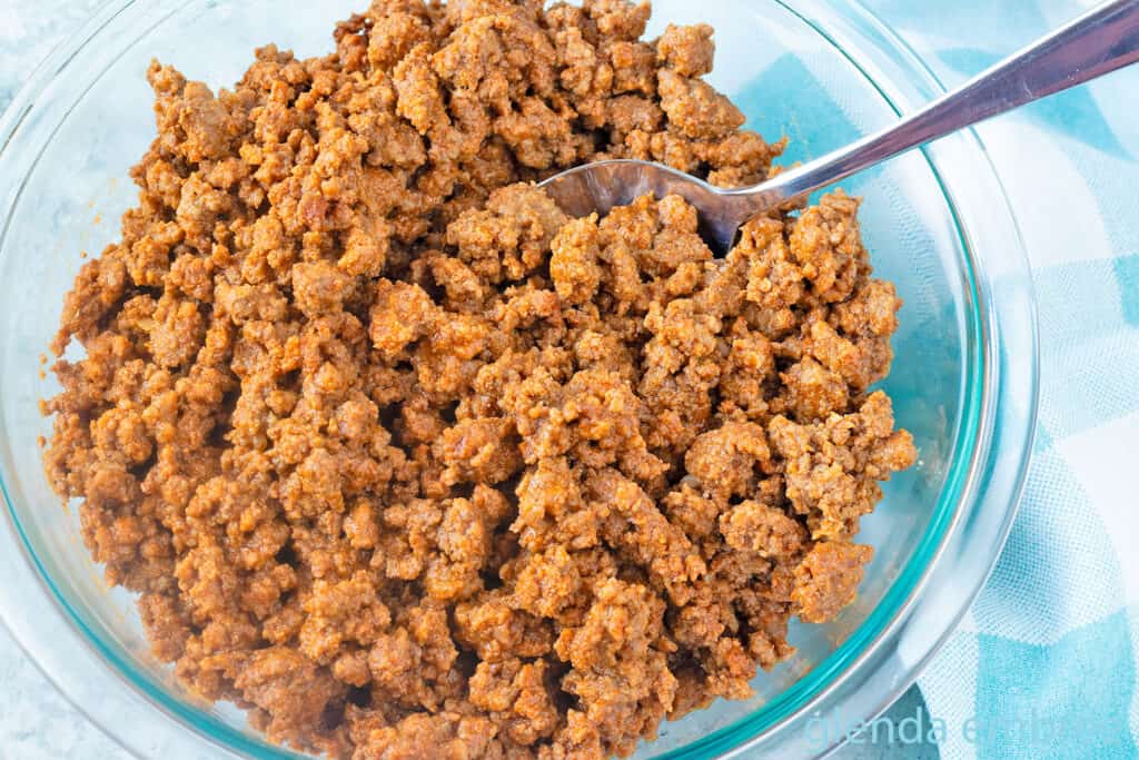 Easy Ground Beef Taco Meat in a clear glass serving bowl.