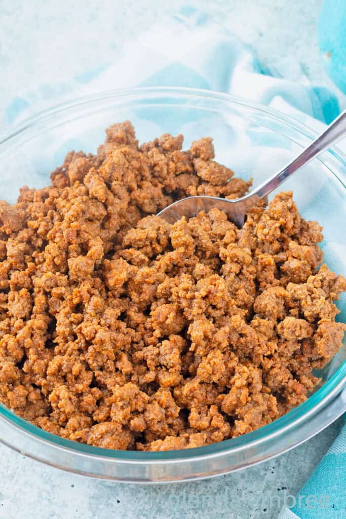 Easy Ground Beef Taco Meat in a clear glass serving bowl.