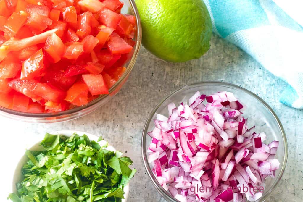 Pico de Gallo ingredients on a concrete countertop — diced tomatoes, minced red onion, chopped cilantro and fresh lime.