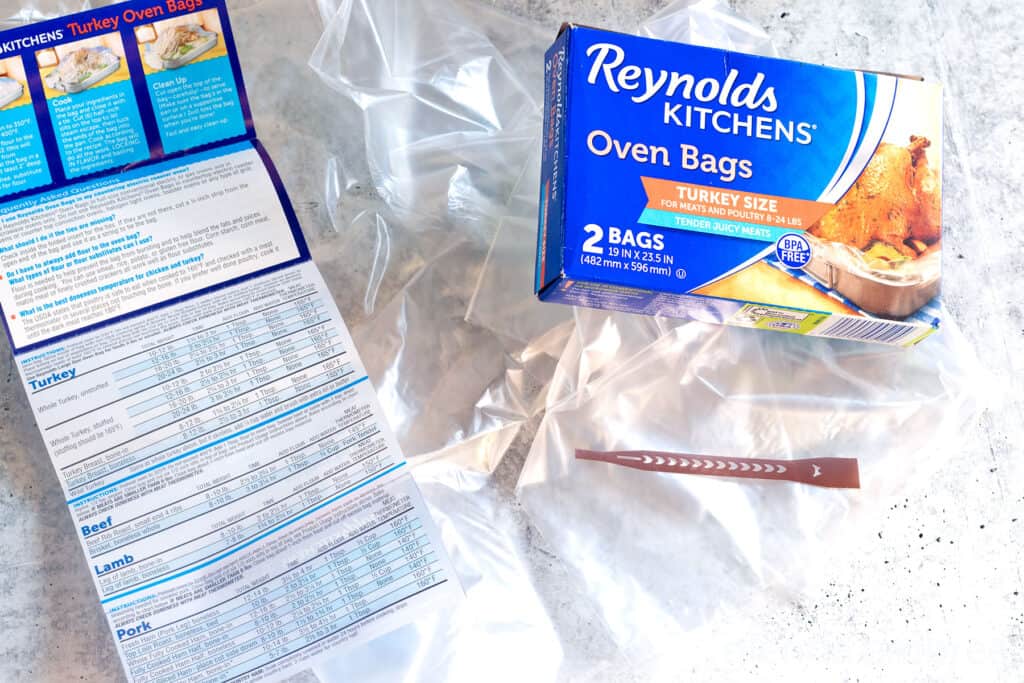 Turkey Roasting Bag with packaging, zip tie and included roasting chart.