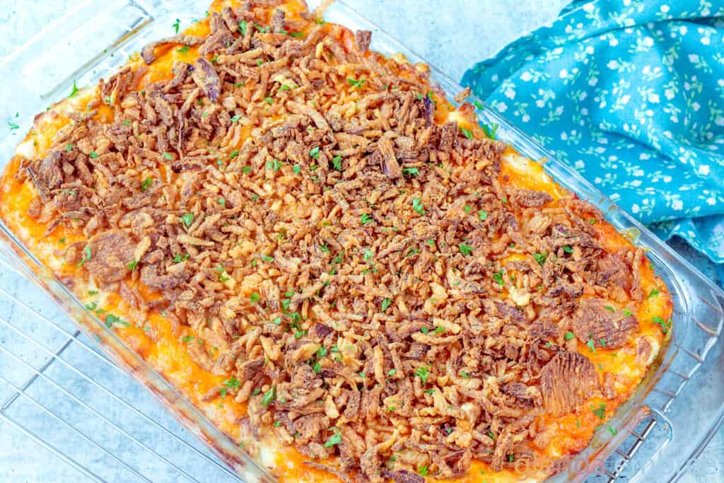 Chicken Casserole (Chicken Broccoli Cheese Casserole) in a clear glass baking dish.