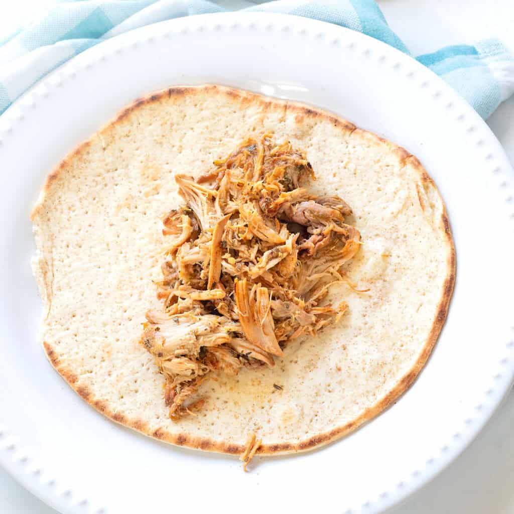 Cheats Pork Souvlaki on a pita wrap.