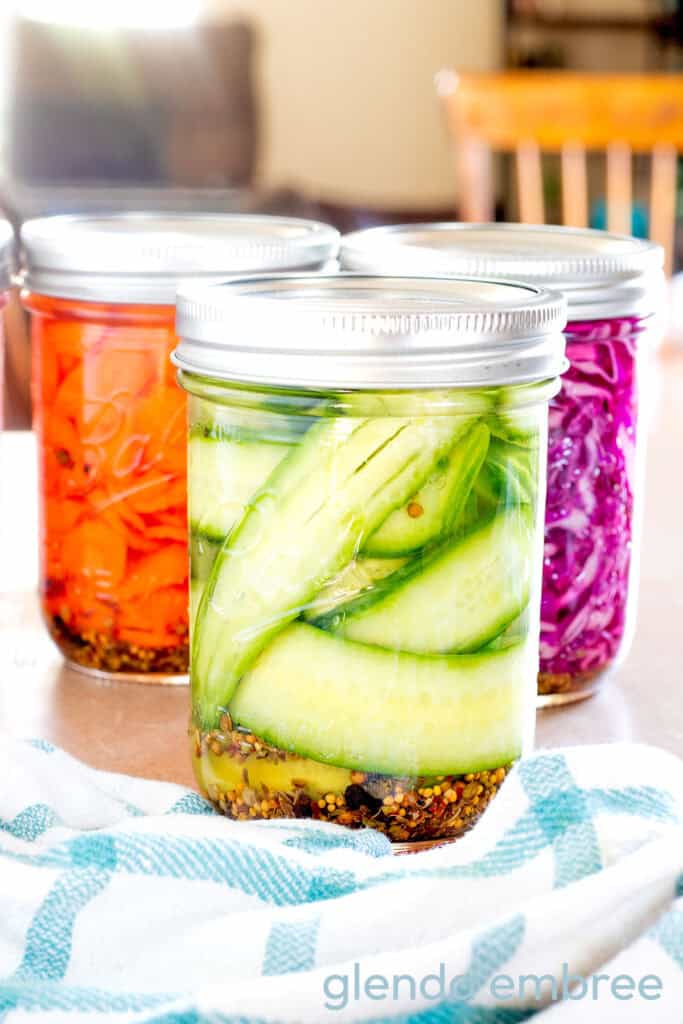 Quick Pickles in mason jars—Quick pickled red onions, quick pickled cucumbers and quick pickled cabbage.