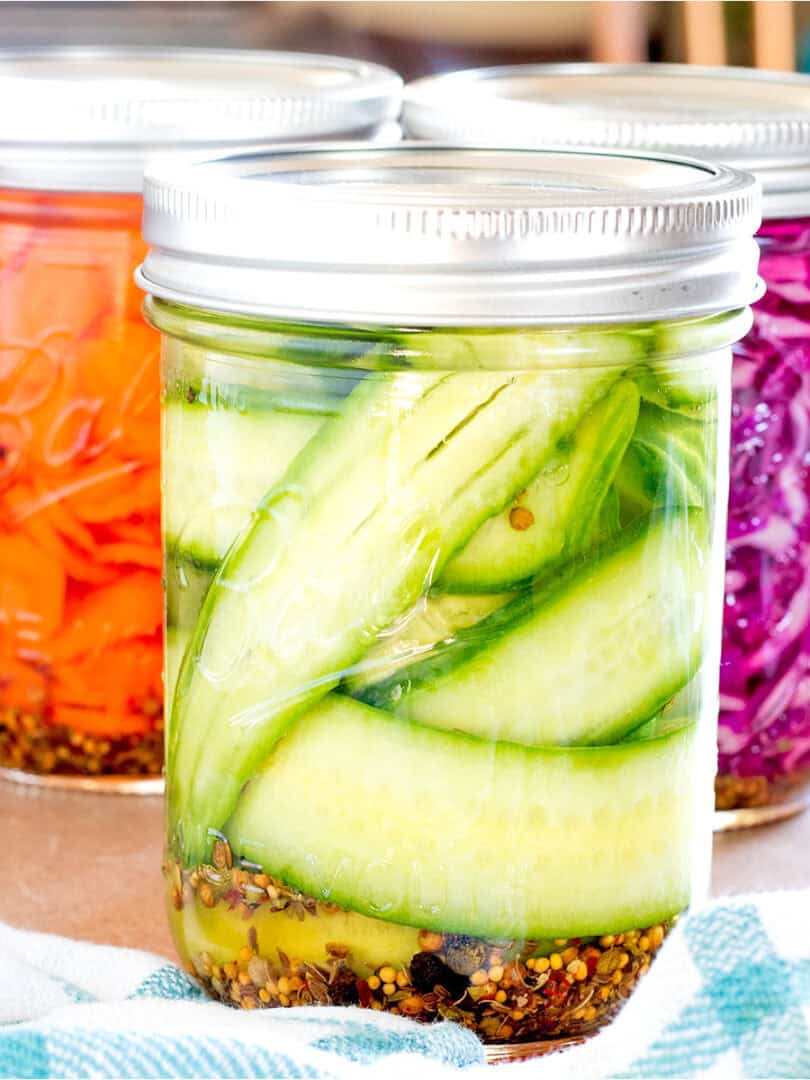 Quick Pickles in mason jars—Quick pickled red onions, quick pickled cucumbers, quick pickled carrots and quick pickled cabbage.