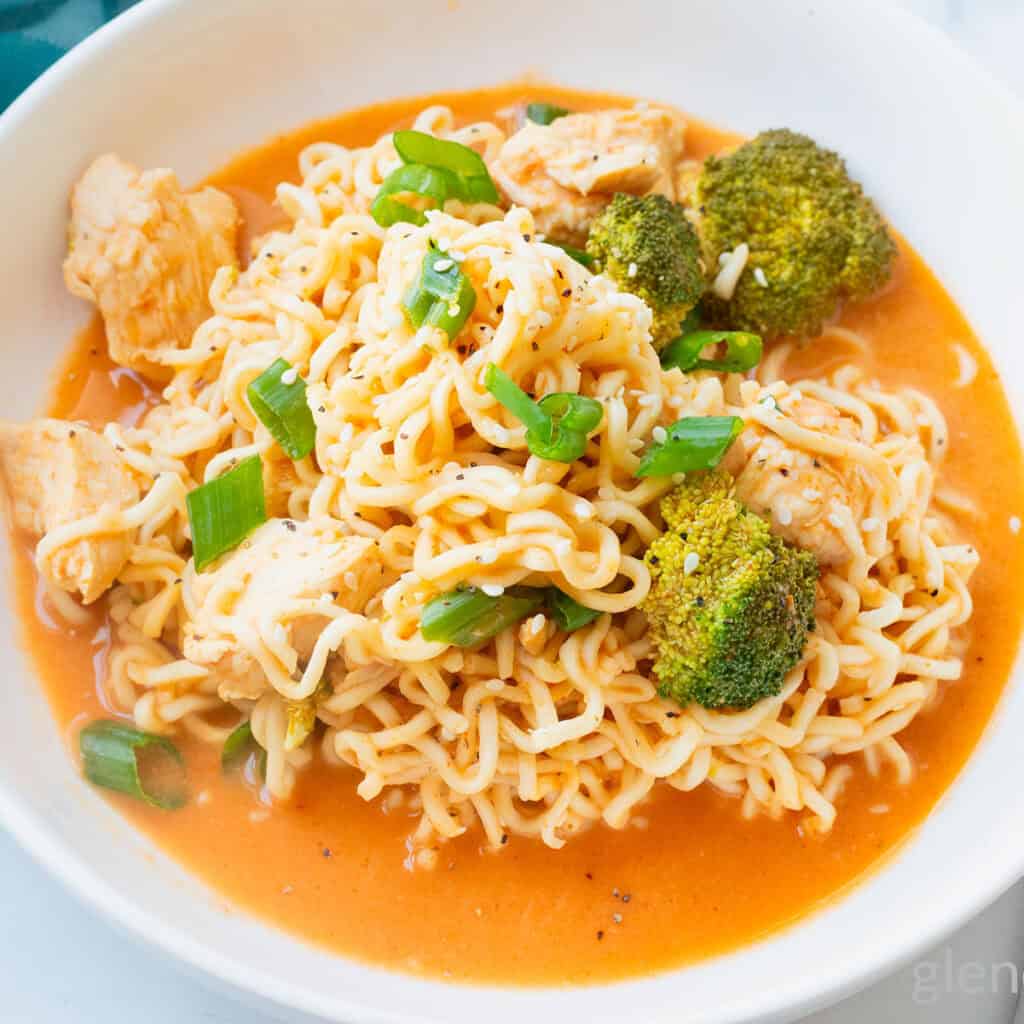 Spicy Chicken Ramen Noodles (Curry Ramen) in a white ceramic bowl.